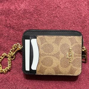 Coach Brown Monogram Card Case with Black Trim and Gold Chain